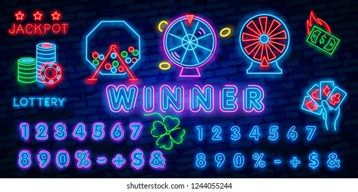 Win the Lottery neon text vector design template. Lotto symbols neon logo, light banner design element colorful modern design trend, night bright advertising, bright sign. Vector illustration