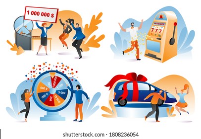 Win lottery prize, fortune winners set of vector illustrations. Lucky people holding bank check for million dollars. Winning lottery, prize, car. Gambling, casino chance to play and win.