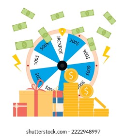 Win in lottery, wheel fortuna, gambling game award. Vector illustration. Fortuna play, success casino game, rotate slot, gold coin, dollar banknote, cash element, lottery winner, round spin