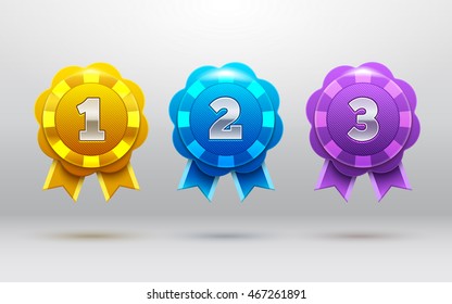 Win medals set. Colorful 3d award medals. 1st, 2nd, 3rd places. Eps10 vector illustration.