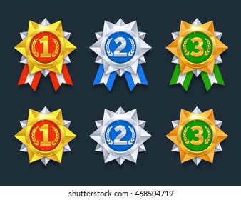 Win Medals Set. Colorful 3d Award Medals. 1st, 2nd, 3rd Places. 3d Prize Medals. Eps10 Vector Illustration.