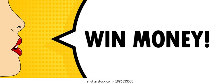 Win money. Female mouth with red lipstick screaming. Speech bubble with text Win money. Retro comic style. Can be used for business, marketing and advertising. Vector EPS 10
