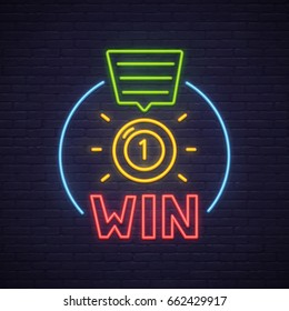 Win neon sign. Neon sign, bright signboard, light banner. 