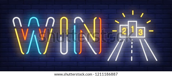 Win neon sign. Road to champion podium on\
brick background. Competition, success, victory. Night bright\
advertisement. Vector illustration in neon style for sport,\
contest, achievement