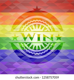 Win on mosaic background with the colors of the LGBT flag