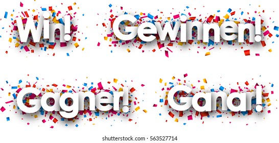 Win paper card with confetti, Spanish, French, German. Vector illustration.