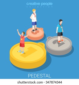 Win pedestal gold silver bronze medal flat 3d isometry isometric sport concept web vector illustration. Creative people collection.