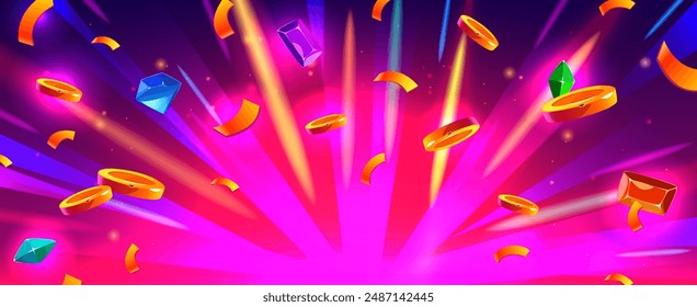 Win pink starburst background with flying golden coins, gemstones and confetti. Cartoon vector bg with explosion effect with treasure. Jackpot winner banner with neon light, splash money and jewelry.