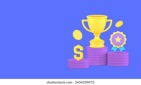 Win podium award ceremony pedestal with trophy banner copy space 3d icon realistic vector illustration. Winner reward championship first second and third place with cup medal and coin money dollar