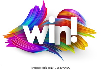 Win poster with spectrum brush strokes on white background. Colorful gradient brush design. Vector paper illustration.