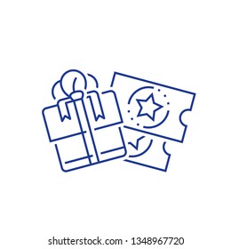 Win a present, loyalty concept, earn reward, redeem gift, vector mono line icon set, linear illustration, outline design