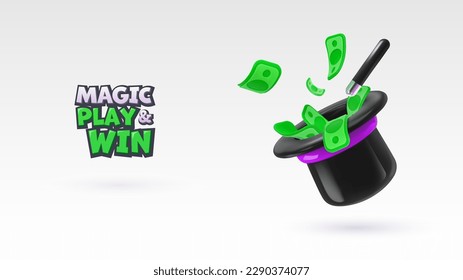 Win prize. 3d magic hat with paper money explosion out on the white background. Online casino gambling game vector illustration advertising