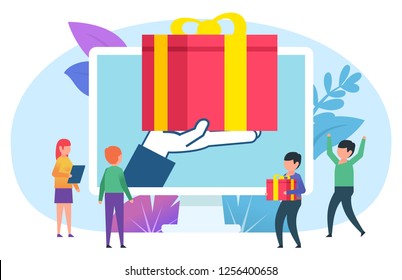 Win prize, e-commerce concept. Small people stand near web page, big hand holding gift box. Poster for social media, web page, banner, presentation. Flat vector illustration