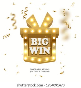 Win prize gift box with golden retro board broadway sign vector illustration. Winning celebration with confetti on light background