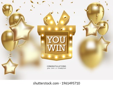 Win prize gift box with golden retro board broadway sign vector illustration. Winning celebration with confetti on light background