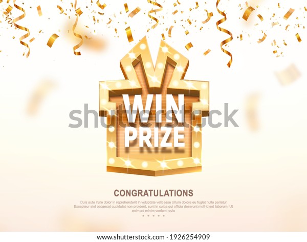 Win prize gift box with golden retro board broadway sign\
vector illustration. Winning celebration with confetti on light\
background 