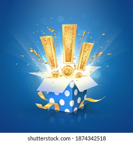 Win a prize giftbox vector illustration. Open textured blue box with exclamation marks and confetti explosion inside and on blue background. Isolated design elements