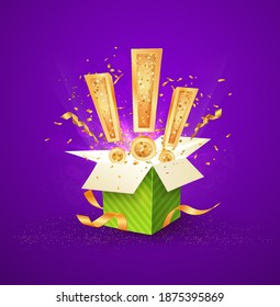 Win a prize giftbox vector illustration. Open textured green box with exclamation marks and confetti explosion inside and on purple background. Isolated design elements