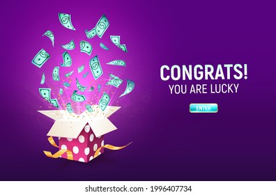 Win prize and money vector illustration. Gambling advertising banner. Open textured gift box with dollar currency explosion out off. Giftbox on purple background. 
