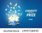 Win prize. Online casino gambling game vector illustration advertising. Open textured gift box with paper money explosion out on the blue background. 