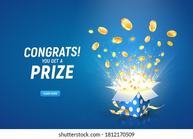 Win prize. Online casino gambling game vector illustration advertising. Open textured gift box with coins explosion out on the blue background. 