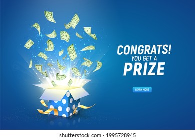 Win prize. Online casino gambling game vector illustration advertising. Open textured gift box with paper money explosion out on the blue background. 