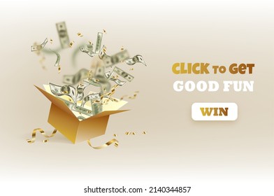 Win prize. Online casino gambling game vector illustration advertising. Open textured gift box with paper money explosion out.