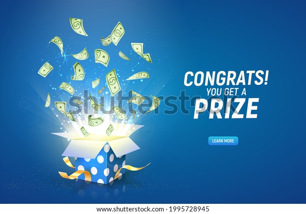 Win prize. Online casino gambling game\
vector illustration advertising. Open textured gift box with paper\
money explosion out on the blue background.\

