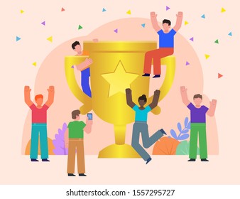 Win prize, take first place. Group of people, team celebrating victory near big golden cup. Poster for social media, web page, banner, presentation. Flat design vector illustration