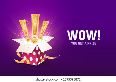 Win prize vector illustration. Winning gift lottery opened textured box with exclamation signs explosion inside on a purple background.