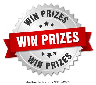 win prizes 3d silver badge with red ribbon. win prizes badge. win prizes. win prizes sign