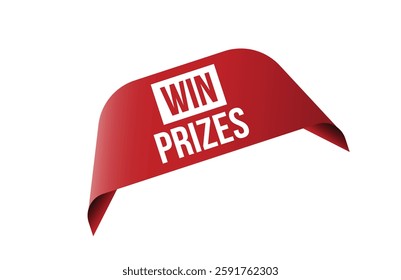 Win prizes red ribbon label banner.