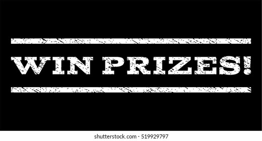 Win Prizes! watermark stamp. Text tag between horizontal parallel lines with grunge design style. Rubber seal stamp with dust texture. Vector white color ink imprint on a black background.