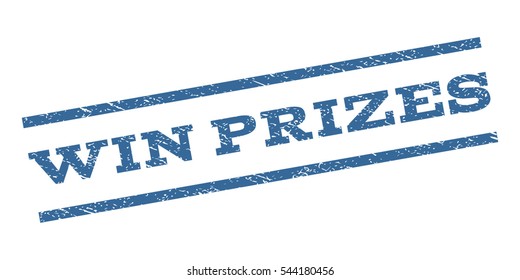 Win Prizes watermark stamp. Text caption between parallel lines with grunge design style. Rubber seal stamp with dirty texture. Vector cobalt blue color ink imprint on a white background.