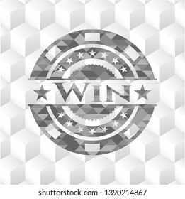 Win retro style grey emblem with geometric cube white background