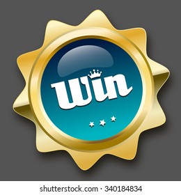Win seal or icon with crown symbol. Glossy golden seal or button with stars and turquoise color.