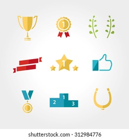Win Set Icon: Award, Prize Cup Ribbon, Star, Like, Bays, Horseshoe