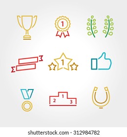 Win set icon thin line: award, prize cup ribbon, star, like, bays, horseshoe