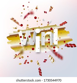 Win sign with colour confetti. Vector paper illustration.