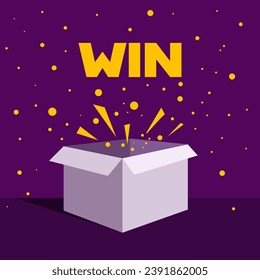Gewinnen Sie ein Schild. Flat, violett, Geschenkbox, Siegsymbol, offene Box mit der Inschrift Win. Vektorgrafik