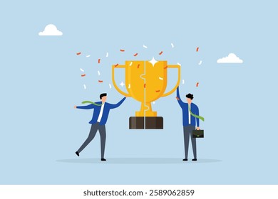 Win win situation, businessman connect trophy jigsaw piece to win together.