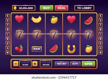 Win slot interface. Poster or banner for online casino website. Lotteries and gambling. Winning, reward and prize. Lucky games, row of sevens. Buy and deal, fortune. Cartoon flat vector illustration