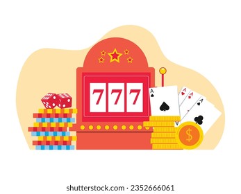 Win slot machines, dice, chips, poker, coins. Gambling at the casino night club. Character design. Vector flat illustration