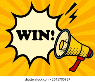 Win speech bubble. Megaphone, lightning, speech burst, sound lines, pop art style, loudspeaker, public speaking, yellow background, expression, voice, alert, broadcast