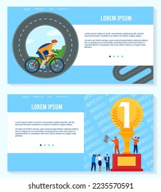 Win in sport competition vector illustration set, cartoon sportsman cyclist in sportswear ride bicycle, people celebrate victory