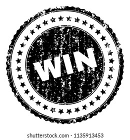 WIN stamp seal watermark with distress style. Black vector rubber print of WIN label with grunge texture. Rubber seal imitation has circle shape and contains stars.