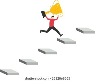Win and succeed. businessman with a trophy running on the stairs stock illustration

