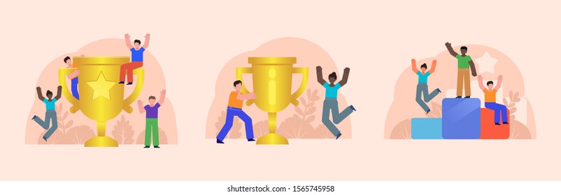 Win, success, sport or business achievements. Group of people stand near big golden cup and celebrate victory. Flat design vector illustrations for social media, web page, banner, presentation