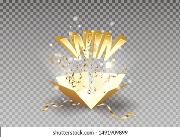 Win text explosion on box and gold confetti. Vector