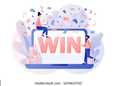 WIN texto en la pantalla del portátil. Ganaste Concepto. Felicitaciones al ganador por haber caído en el fondo de un confetti. Estilo moderno de caricatura plana. Ilustración del vector sobre fondo blanco